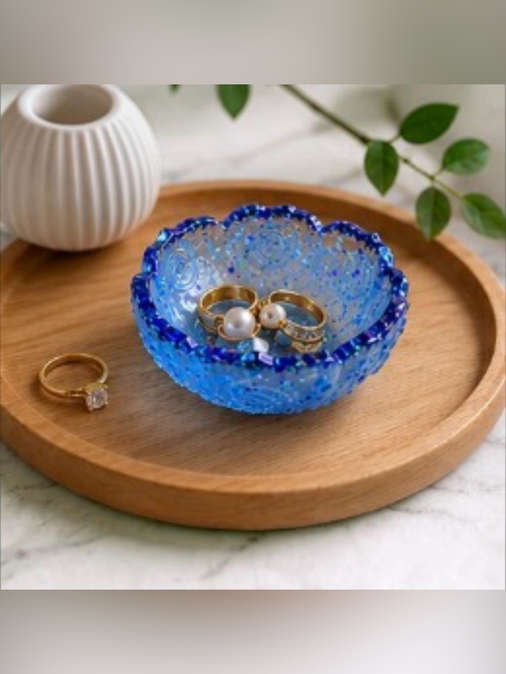 Blue Decorative Glass Jewelry Dish - Elegant Ring Holder